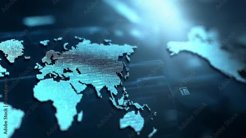 Poster Global Blueprint: An evocative digital depiction of Earth, emphasizing interconnectedness and innovation, symbolizing the vast scope of global networks, information flow and future aspirations.
