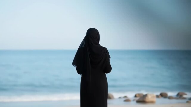 A contemplative muslim woman in hijab looking towards the ocean horizon