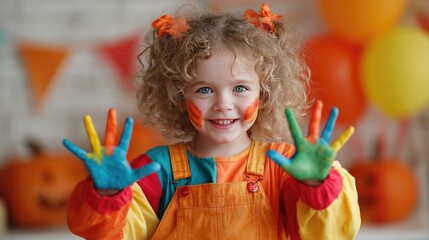 Cheerful child in colorful costume and painted hands celebrates Halloween with bright smiles