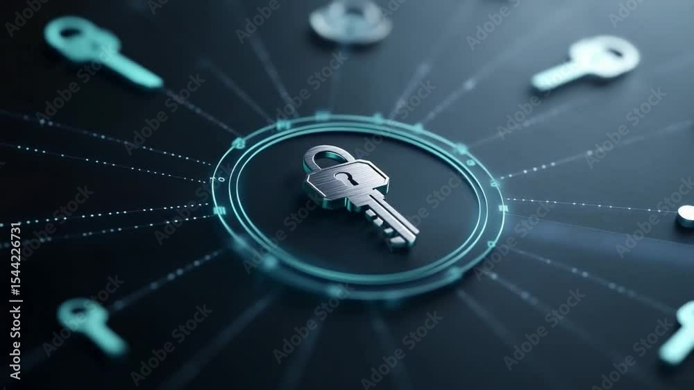 Poster Cybersecurity and Data Protection: An abstract composition of digital keys and a central lock symbolizing data security and network access