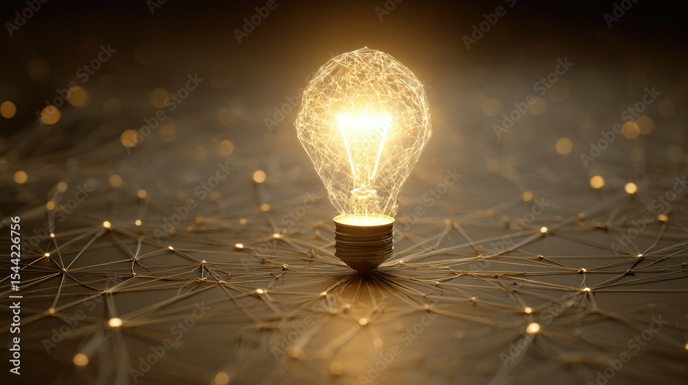 Poster bright lightbulb at center of concept web, illustrating innovation and idea building
