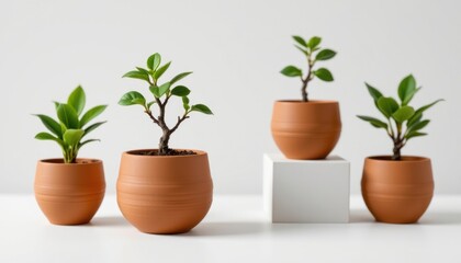 Obraz premium single eco friendly plant pot made from terracotta clay pot, containing a small bonsai, isolated on white background, minimalist product shot, soft studio lighting, realistic 3d render, 8k resolution