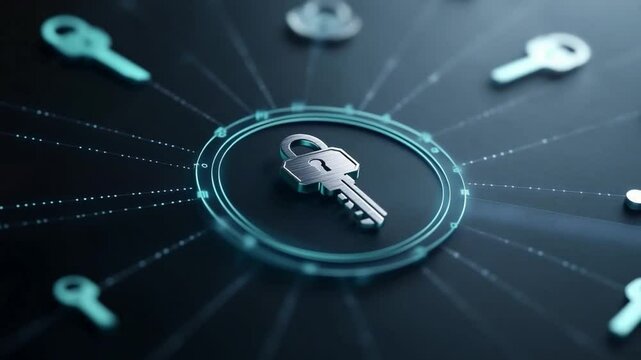 Cybersecurity and Data Protection: An abstract composition of digital keys and a central lock symbolizing data security and network access