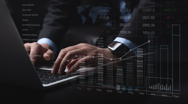 Businessman, finance analyst analyzing financial report with stock market analysis. Business strategy. planning and solution, risk management for business success, finance and investment background