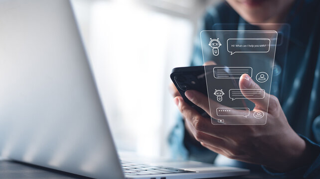AI Chatbot conversation assistant. Person using online customer service with chatbot to get support. AI automatic answering machine. Artificial intelligence, customer support center, CONTACT US