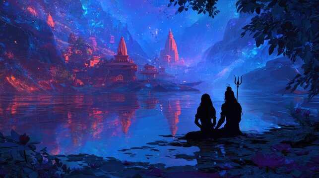 Artistic scene of Lord Shiva and Parvati during Maha Shivratri, vibrant spiritual aura and calm