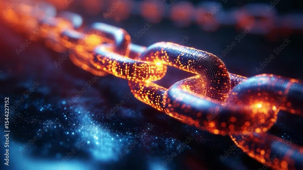 Poster Digital Chain of Connectivity: A close-up image features an illuminated chain, symbolizing the core of a data network. The image aims to portray the concept of networking, unity.