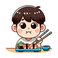Boy Enjoying Sushi Cartoon Style Illustration On White Background
