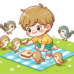 cartoon boy feeding cute birds in flat design style