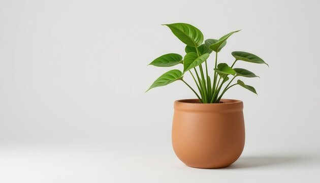 single eco friendly plant pot made from terracotta clay pot, containing a philodendron, isolated on white background, minimalist product shot, soft studio lighting, realistic 3d render, 8k resolution