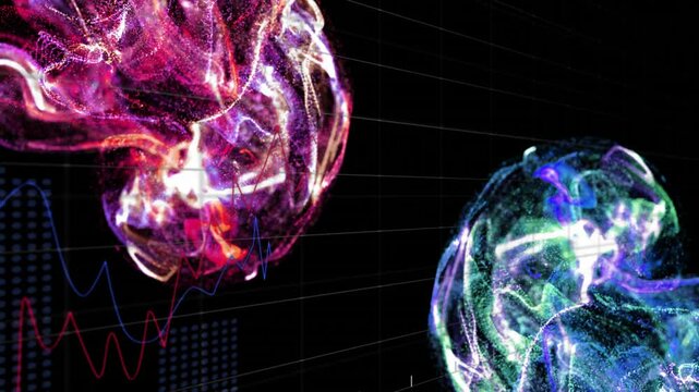 Black frame transitioning into rotating grid as glowing shapes pulsating and displaying data trends