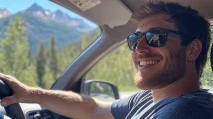Naklejka premium Joyful Road Trip Through Majestic Mountains