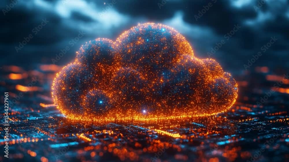 Leinwandbilder Cloud computing illuminated: A digital cloud pulses with vibrant energy, radiating light in an abstract visualization of data and connection. Depicting the modern age of technology