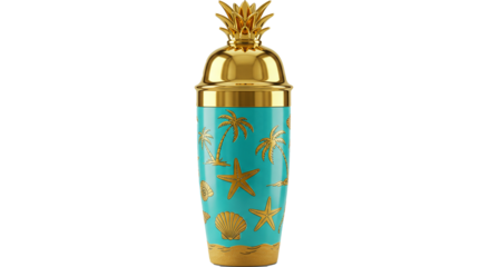 Tropical pineapple cocktail shaker gold finish beach themed barware summer drink mixer party accessory on transparent background