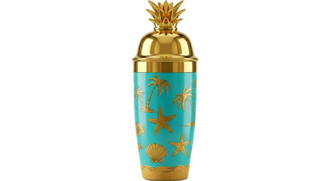 Tropical pineapple cocktail shaker gold finish beach themed barware summer drink mixer party accessory on transparent background