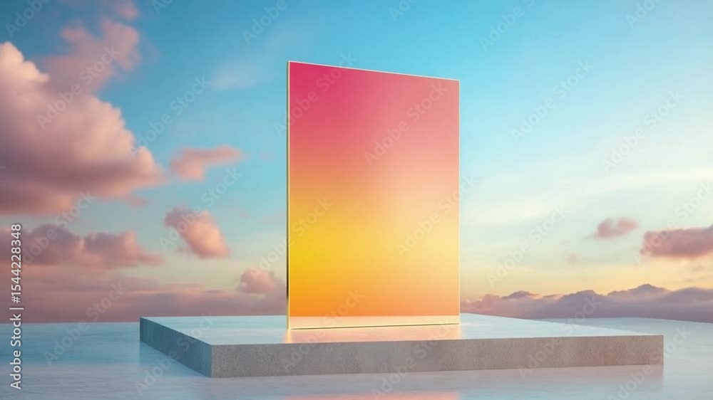 Poster Vibrant Portal: A radiant gradient rectangle stands on a minimalist pedestal, set against the backdrop of a dreamy sky, creating a surreal and captivating visual