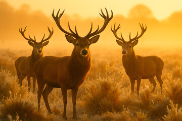 Three red deer stags with large antlers stand alert in a misty meadow at sunrise, bathed in golden morning light. Captured at eye level with warm tones and soft, atmospheric depth.
