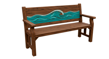 Outdoor wooden bench with wave design for garden patio deck furniture seating area and home decor on transparent background