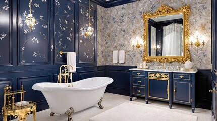 Luxurious navy blue bathroom with gold accents