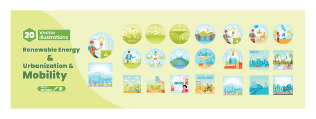 Fototapeta premium Set of illustrations depicting renewable energy and urban mobility. Mega set.