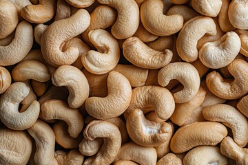 A close-up shot of cashew nuts, showcasing their unique shape and texture. The background is plain to highlight the textured details of each fruit.