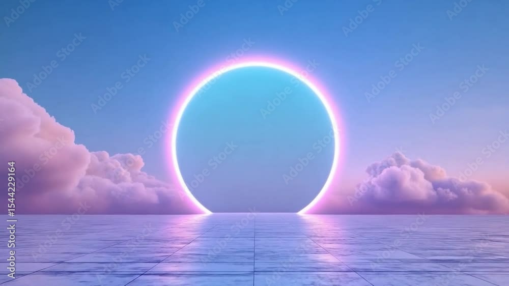 Poster Celestial Portal: A surreal and dreamy landscape featuring a large, glowing circular portal in the sky, surrounded by soft pastel clouds and reflecting on a smooth surface.  