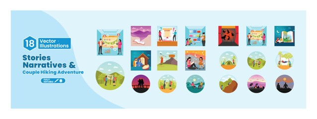 Set of illustration depicting stories narrative and couple hiking adventure. Mega set.