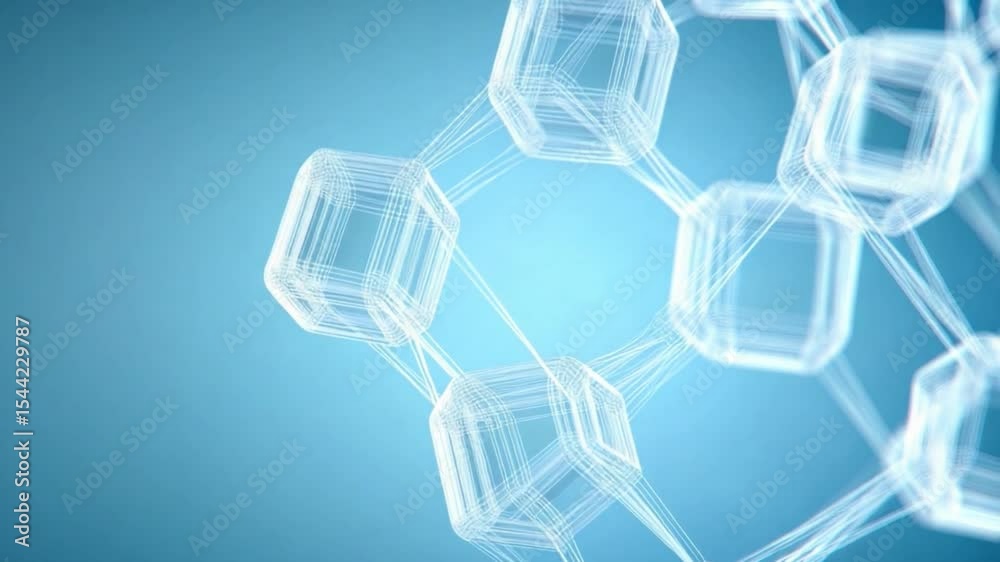 Poster Connected Cubes: A captivating visual display of interconnected translucent cubes, rendered in a sleek, modern style against a soft gradient blue background.
