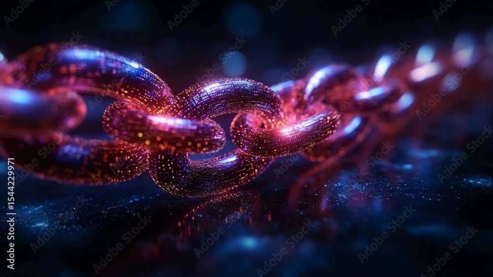 Poster technological chain: a close-up shot of a digital chain, illuminated by red and blue light. this ima