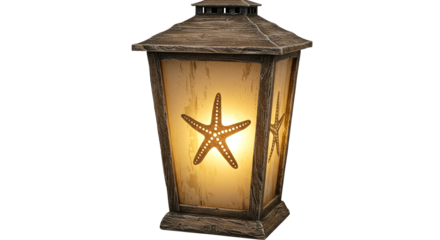 Coastal lantern with starfish design for outdoor patio lighting and beach themed home decor light fixture on transparent background