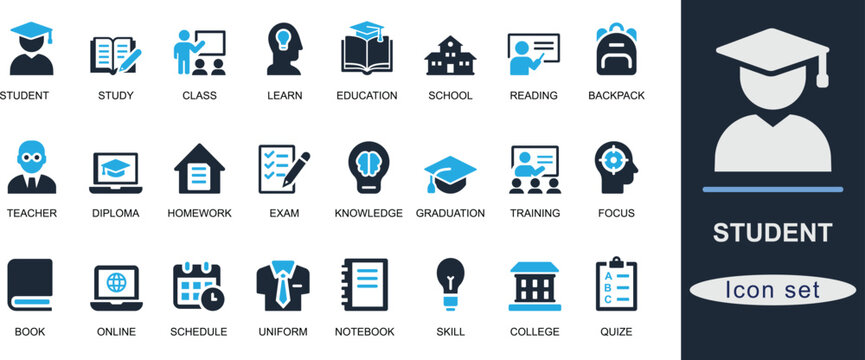 A Solid student icon set. Featuring school, study, exam, book, graduation, online class, course, and knowledge. Perfect for education and UI design.