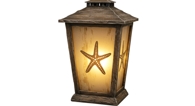 Coastal lantern with starfish design for outdoor patio lighting and beach themed home decor light fixture on transparent background