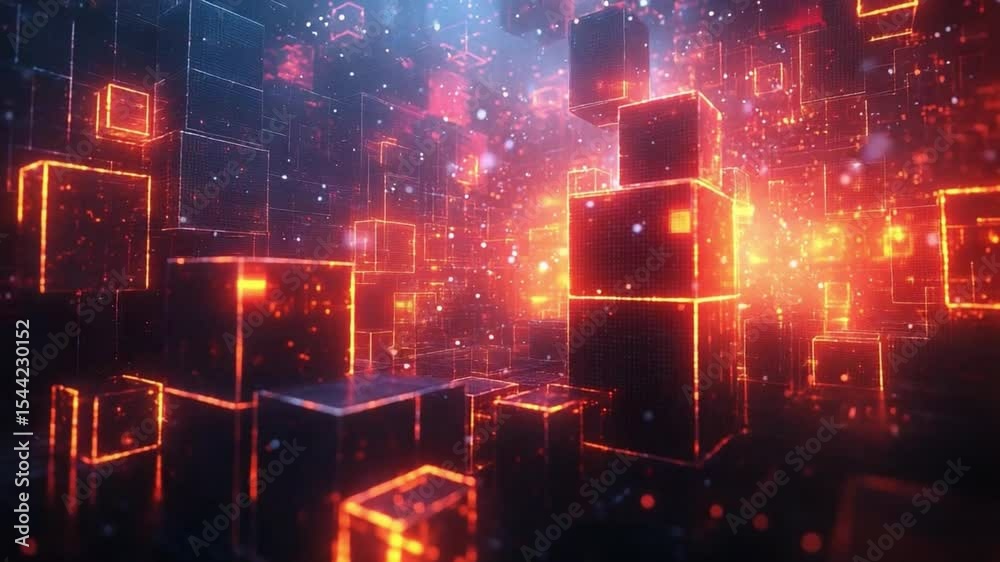 Poster Cybernetic Cube Abstract: Immersive visualization of glowing cubes and particles, depicting a complex digital realm, perfect for modern technology and innovation concepts.
