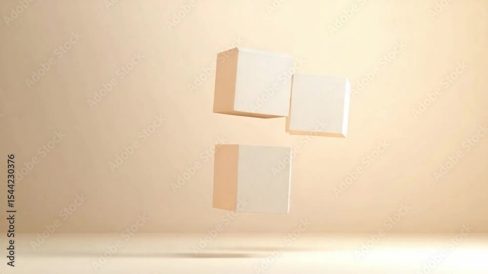 Aufkleber floating geometric forms: three minimalist geometric cubes float in a soft, warm light, a modern, ab