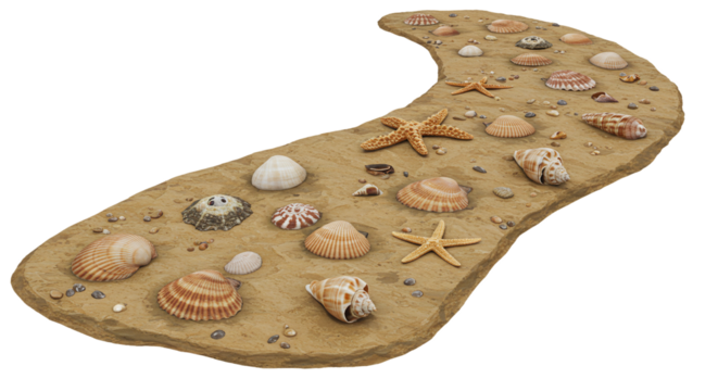 Seashells and starfish on sand path decorative ocean themed walkway beach house decor coastal design on transparent background
