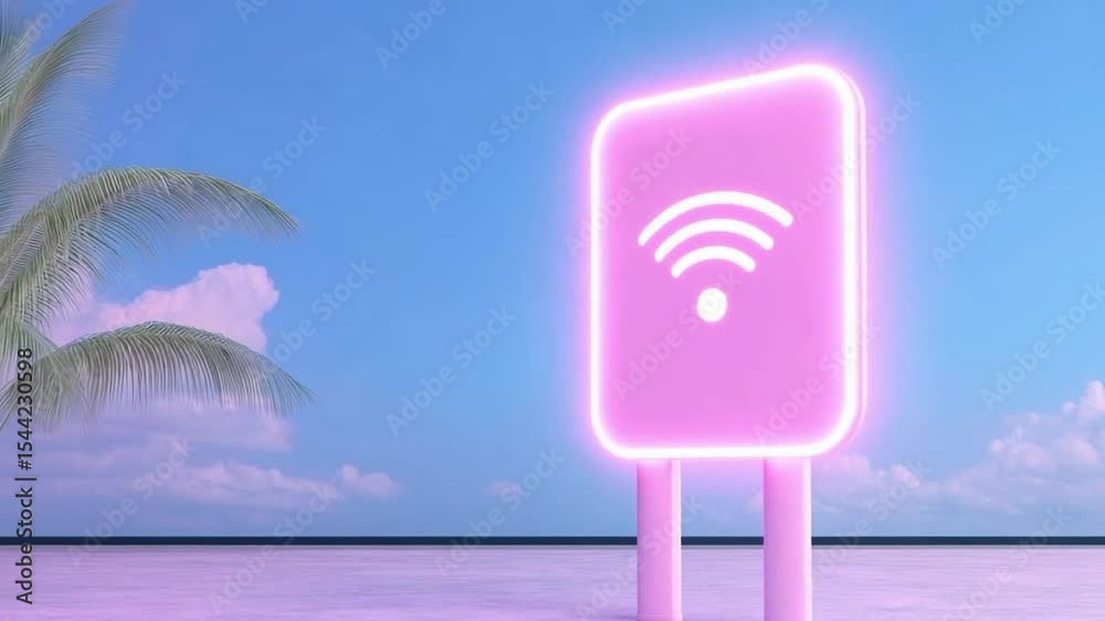 Poster digital oasis: a glowing wifi symbol sign signals connectivity, painted against an atmospheric backd