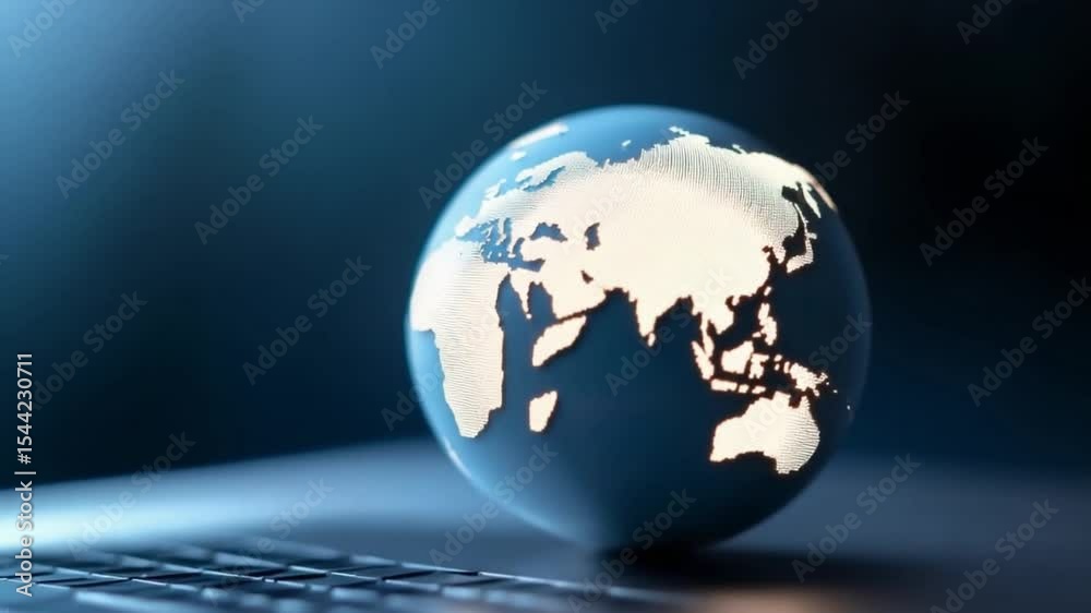 Poster Global Connection: A stunning 3D render showcasing the earth's globe placed on a modern computer, representing the seamless flow of information and interconnectedness of our world.