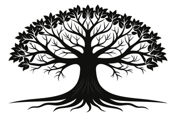 Black Silhouette Tree Branching Canopy, Detailed Roots, Isolated on White Background