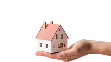 Hand holding a miniature house model against a transparent background real estate home ownership dream property