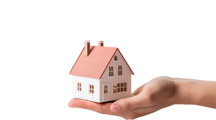 Hand holding a miniature house model against a transparent background real estate home ownership dream property
