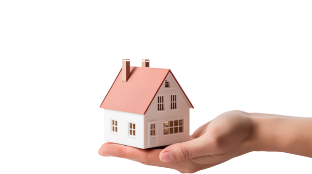 Hand holding a miniature house model against a transparent background real estate home ownership dream property