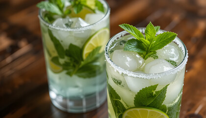 The image features two cocktails in highball glasses garnished with mint leaves and lime wedges. The drinks are served over ice, with a simple sugar rim on one of the ... See More