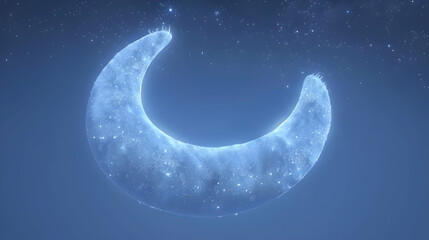 Fototapeta premium A luminous crescent moon, speckled tiny lights, hangs a dark blue night sky dotted stars.