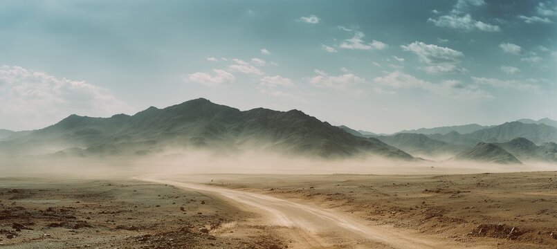 Vast panoramic desert landscape with distant mountains and a straight road leading to the horizon, featuring dust clouds, dry terrain, and atmospheric particles under a muted, cinematic tone