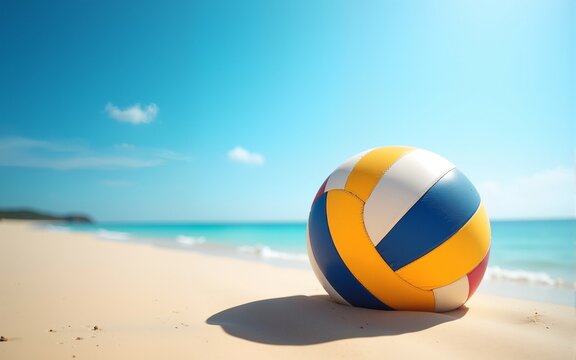 Beach volleyball sits in soft sand beside the sparkling ocean under a bright blue sky. High quality - Powered by Adobe