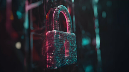Abstract close-up a shimmering digital padlock, rendered teal pink hues against a blurred, dark background, symbolizing digital security.