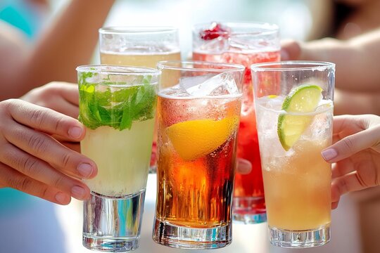 Group of friends toasting with colorful summer cocktails garnished with citrus, mint, and ice on a sunny day