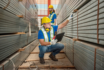 Two workers in a warehouse are checking inventory