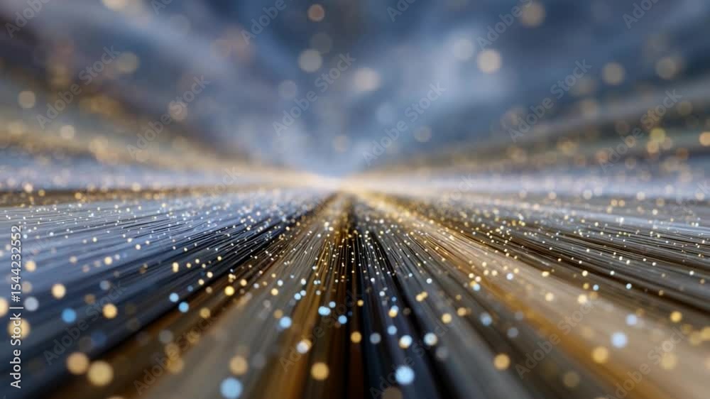 Poster Abstract Light Trails: Dynamic streaks of light converge towards a vanishing point, creating an abstract composition filled with energy and movement. The interplay of gold, grey.