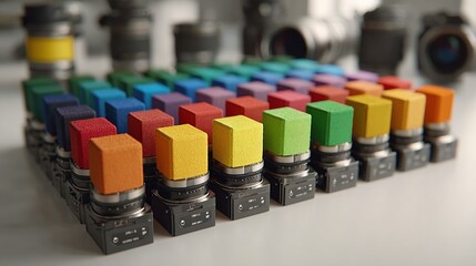 Colorful square buttons in rows, arranged on a light surface, with camera lenses in the background